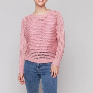 Charlie B Metallic Fishnet Dolman Crew Neck Sweater-Guava Size Small NWT